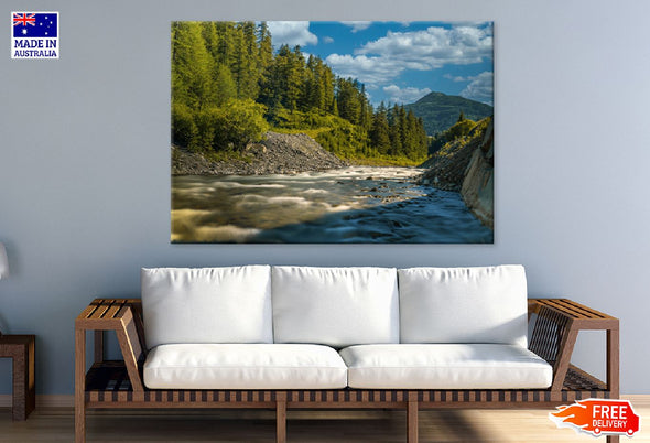 Tranquil River & Fir Trees View Print 100% Australian Made Stretched Canvas Ready to Hang - 1062