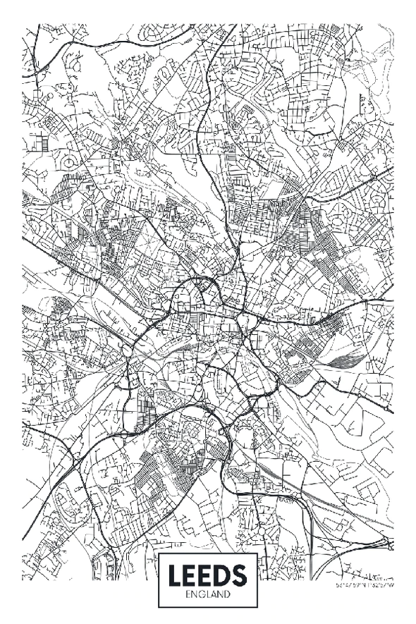 Leeds City in England B&W Detailed Map Print 100% Australian Made Stretched Canvas Ready to Hang - 2342