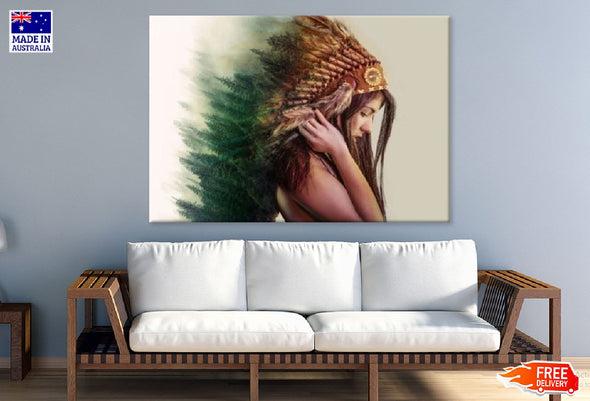 Girl with Feather Headdress Side View Print 100% Australian Made Stretched Canvas Ready to Hang - 1943