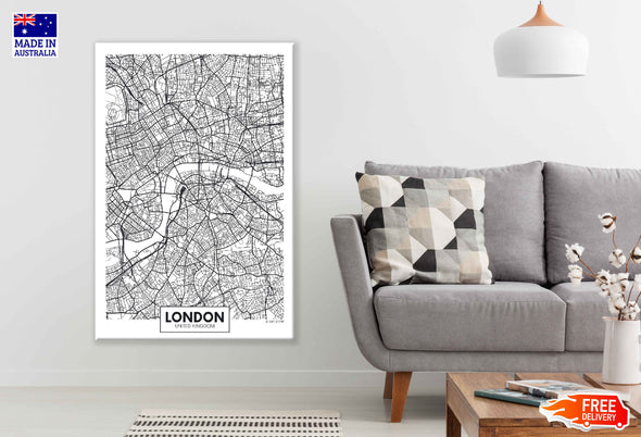 London City in UK B&W Detailed Map Print 100% Australian Made Stretched Canvas Ready to Hang - 2343