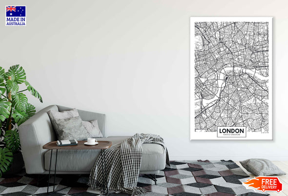 London City in UK B&W Detailed Map Print 100% Australian Made Stretched Canvas Ready to Hang - 2343