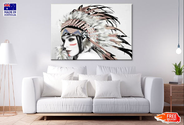 White Makeup Girl Feather Headdress B&W Print 100% Australian Made Stretched Canvas Ready to Hang - 1944