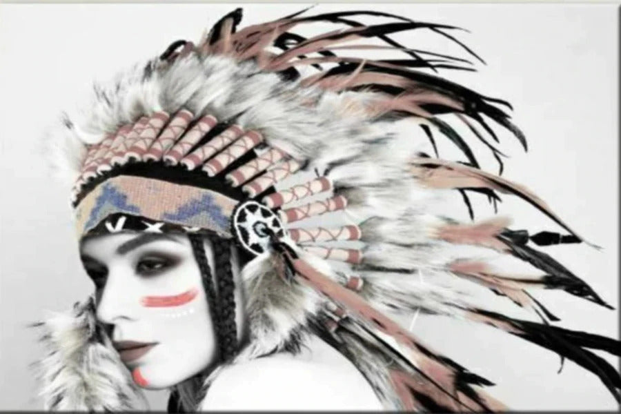 White Makeup Girl Feather Headdress B&W Print 100% Australian Made Stretched Canvas Ready to Hang - 1944