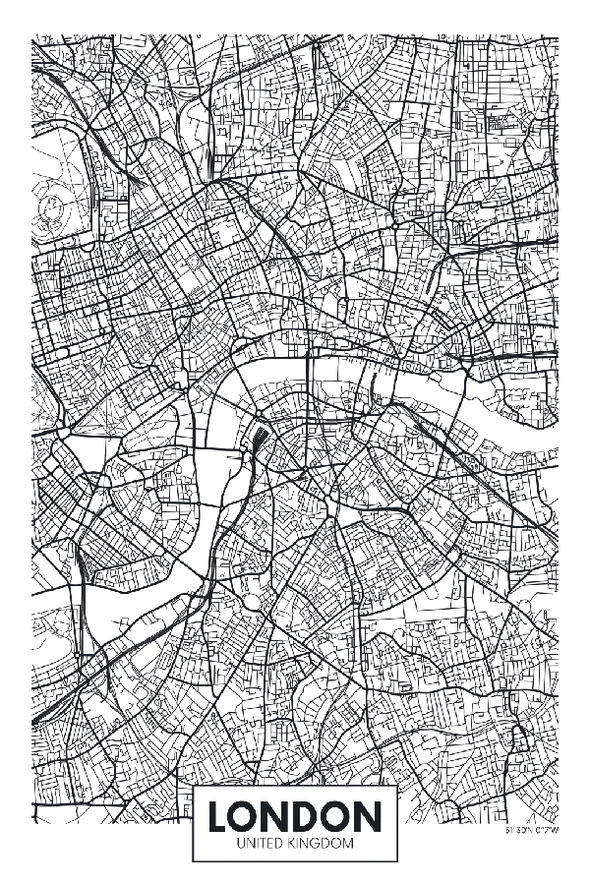 London City in UK B&W Detailed Map Print 100% Australian Made Stretched Canvas Ready to Hang - 2343