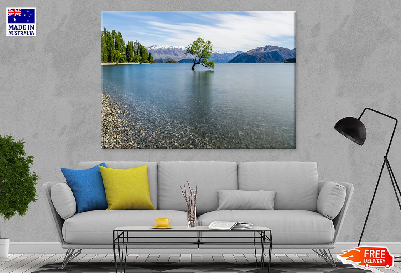 Alone Tree on Lake with Mountains Print 100% Australian Made Stretched Canvas Ready to Hang - 1741