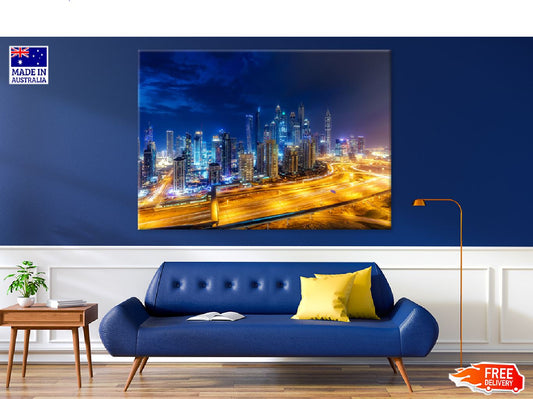 Night time Skyline Highways Dubai Print 100% Australian Made Stretched Canvas Ready to Hang - 1512