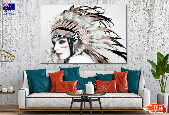 White Makeup Girl Feather Headdress B&W Print 100% Australian Made Stretched Canvas Ready to Hang - 1944