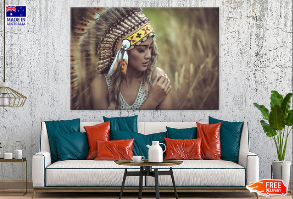 Native Red Indian Girl with Feather Headdress Photograph Print 100% Australian Made Stretched Canvas Ready to Hang - 1945