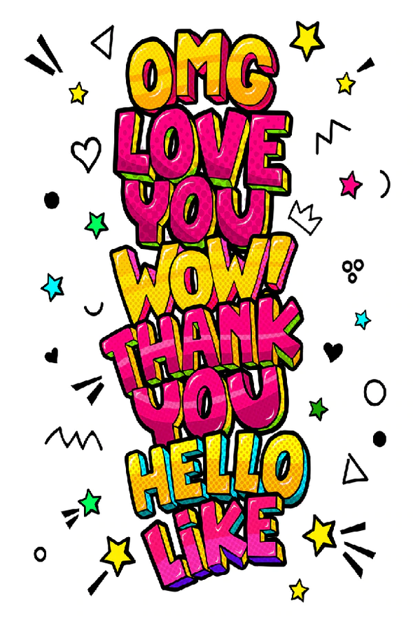 OMG LOVE YOU WOW THANK YOU HELLO LIKE Illustration Pop Arts & Comic Poster Print 100% Australian Made Stretched Canvas Ready to Hang - 2145