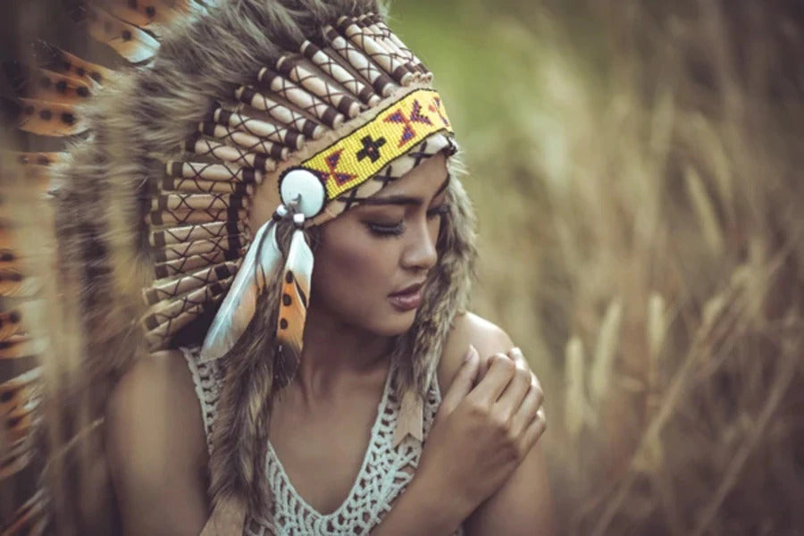 Native Red Indian Girl with Feather Headdress Photograph Print 100% Australian Made Stretched Canvas Ready to Hang - 1945