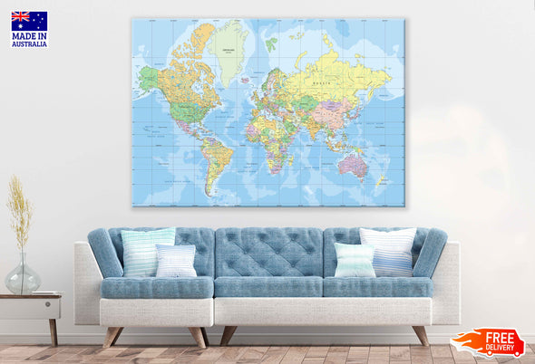 Political World map with City Names Print 100% Australian Made Stretched Canvas Ready to Hang - 2344