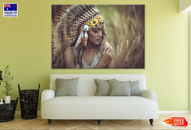 Native Red Indian Girl with Feather Headdress Photograph Print 100% Australian Made Stretched Canvas Ready to Hang - 1945