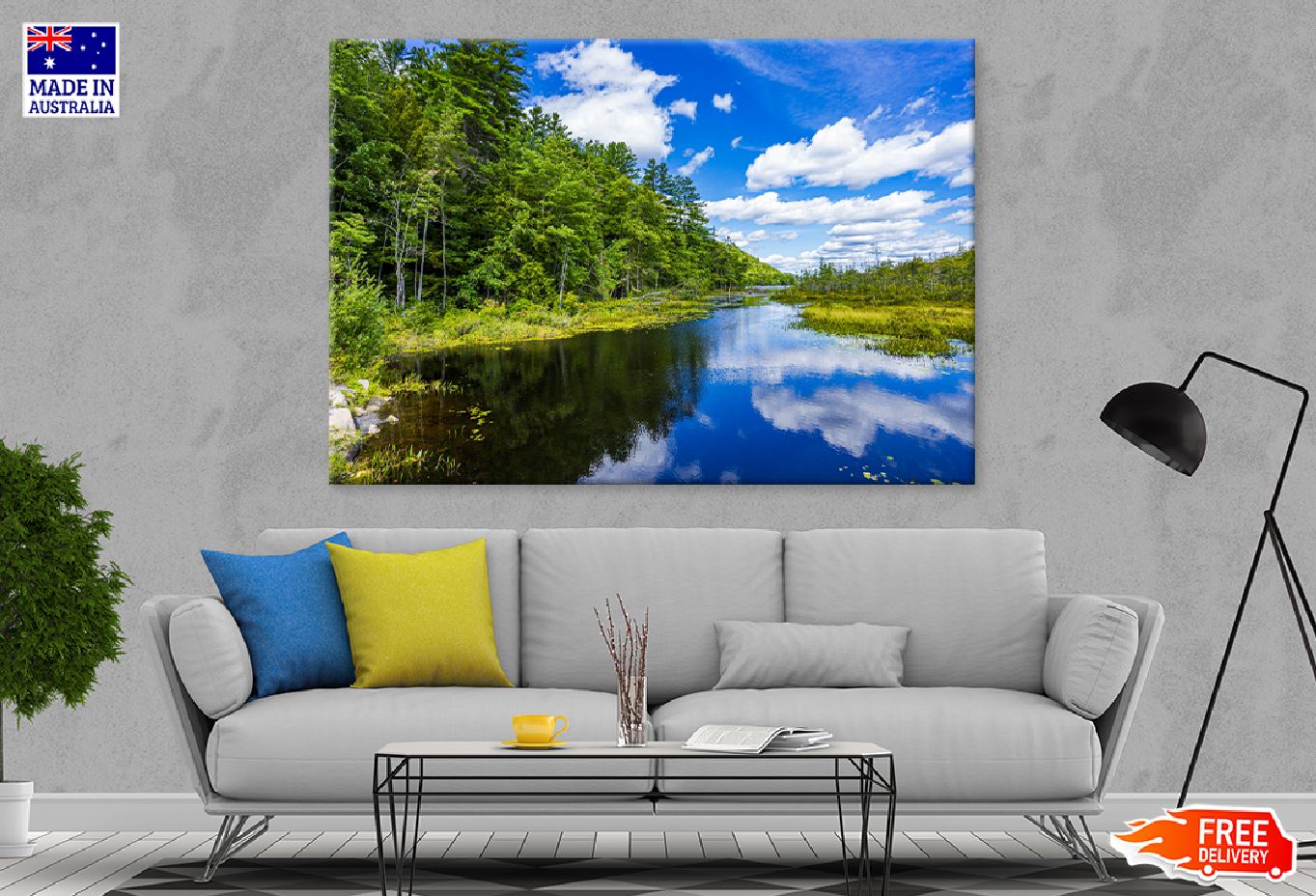 Lake with Vibrant Trees Blue Sky Print 100% Australian Made Stretched Canvas Ready to Hang - 1063