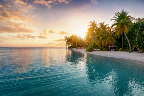 Beach with Palm Trees Sunset View Print 100% Australian Made Stretched Canvas Ready to Hang - 1413