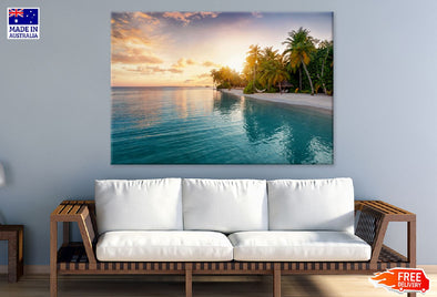 Beach with Palm Trees Sunset View Print 100% Australian Made Stretched Canvas Ready to Hang - 1413