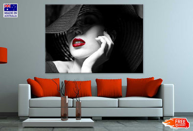 Girl With Hat & Red Lips B&W Print 100% Australian Made Stretched Canvas Ready to Hang - 1350