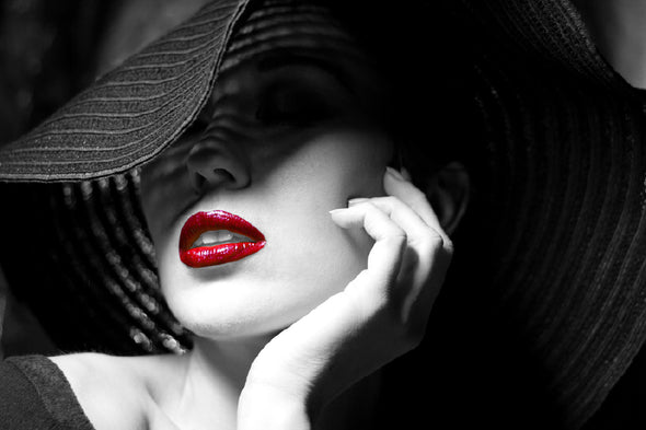 Girl With Hat & Red Lips B&W Print 100% Australian Made Stretched Canvas Ready to Hang - 1350