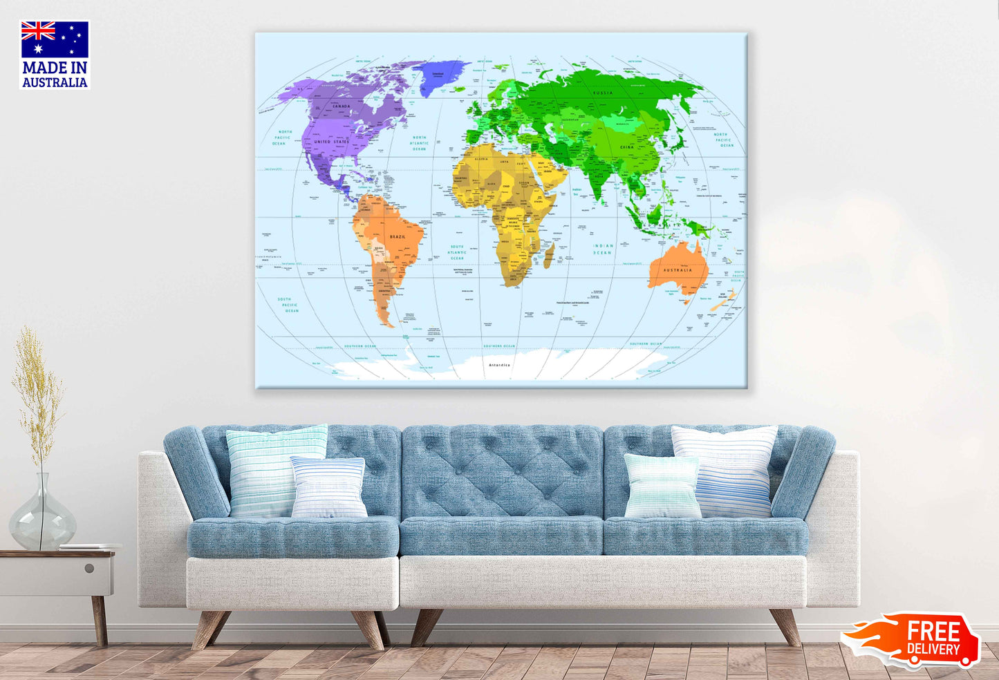 World Map Vector Art Print 100% Australian Made Stretched Canvas Ready to Hang - 2345