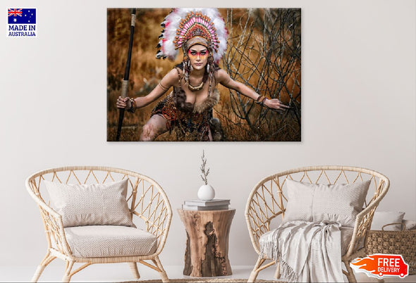 Native Warrior Girl with Feather Headdress Photograph Print 100% Australian Made Stretched Canvas Ready to Hang - 1946