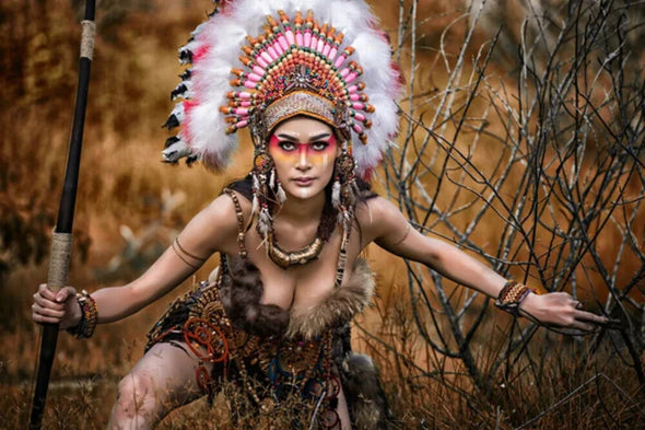 Native Warrior Girl with Feather Headdress Photograph Print 100% Australian Made Stretched Canvas Ready to Hang - 1946