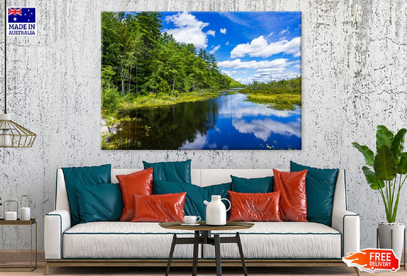 Lake with Vibrant Trees Blue Sky Print 100% Australian Made Stretched Canvas Ready to Hang - 1063