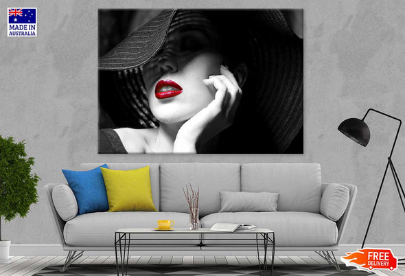 Girl With Hat & Red Lips B&W Print 100% Australian Made Stretched Canvas Ready to Hang - 1350