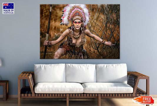 Native Warrior Girl with Feather Headdress Photograph Print 100% Australian Made Stretched Canvas Ready to Hang - 1946