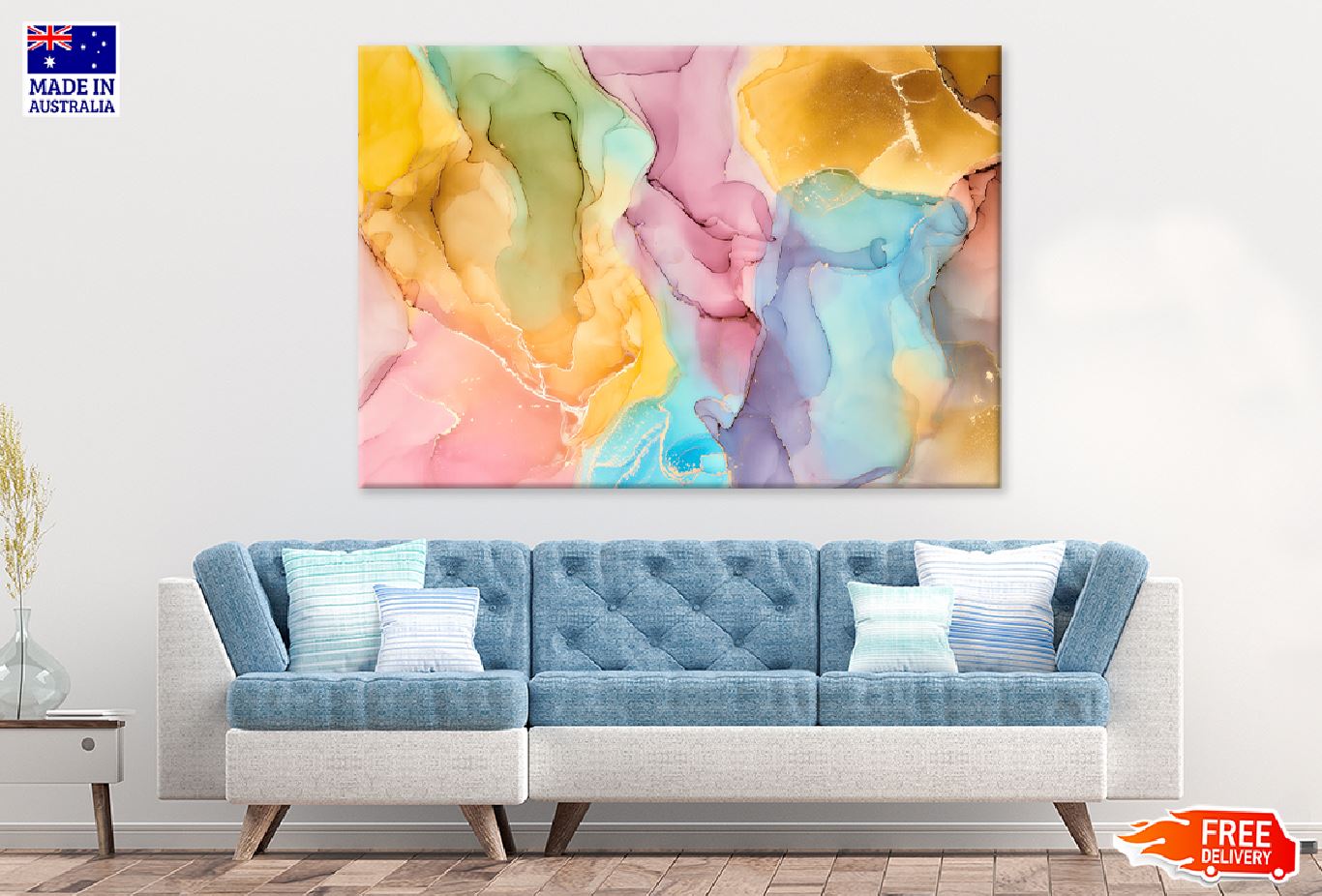 Yellow Blue & Pink Abstract Fluid Design Print 100% Australian Made Stretched Canvas Ready to Hang - 1165