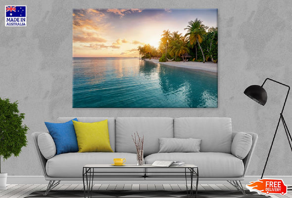 Beach with Palm Trees Sunset View Print 100% Australian Made Stretched Canvas Ready to Hang - 1413