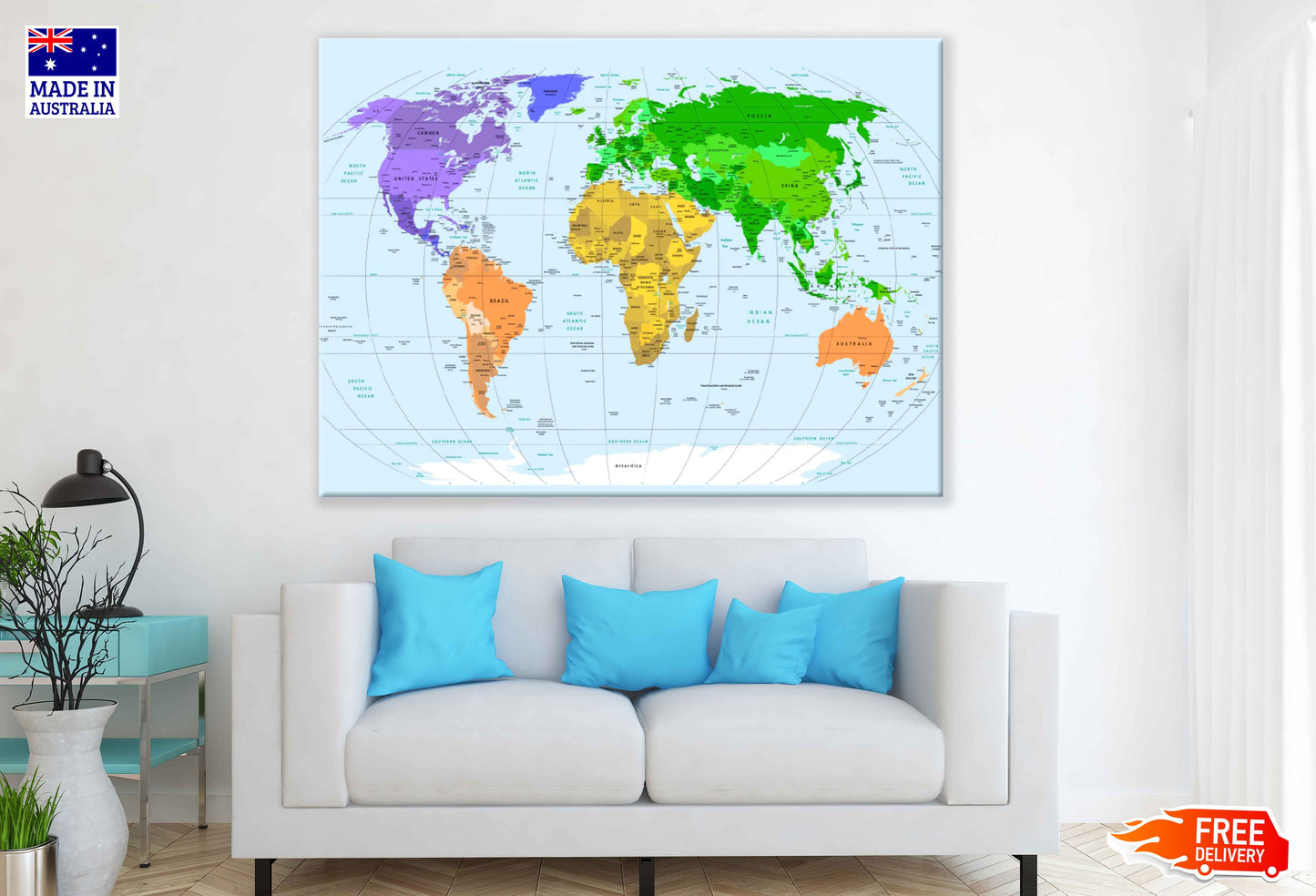 World Map Vector Art Print 100% Australian Made Stretched Canvas Ready to Hang - 2345