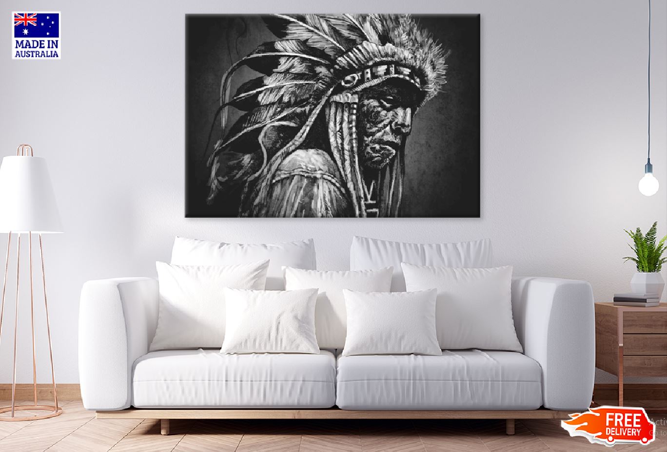 Old Man with Feather Headdress B&W Photograph  Print 100% Australian Made Stretched Canvas Ready to Hang - 1947