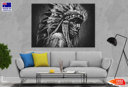 Old Man with Feather Headdress B&W Photograph  Print 100% Australian Made Stretched Canvas Ready to Hang - 1947