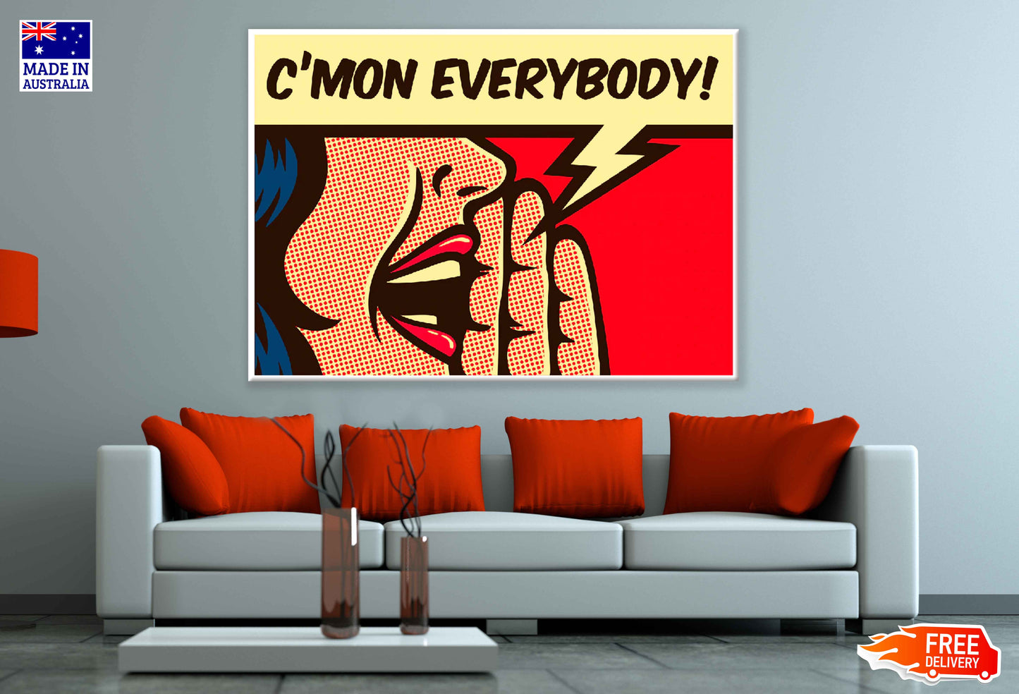 C'Mon Everybody Chat Bubble & Girl Illustration Pop Arts & Comic Poster Print 100% Australian Made Stretched Canvas Ready to Hang - 2148