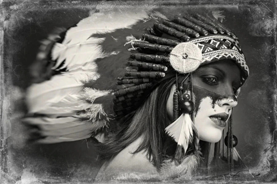 Red Indian Girl With Feather Headdress B&W Photograph Print 100% Australian Made Stretched Canvas Ready to Hang - 1948