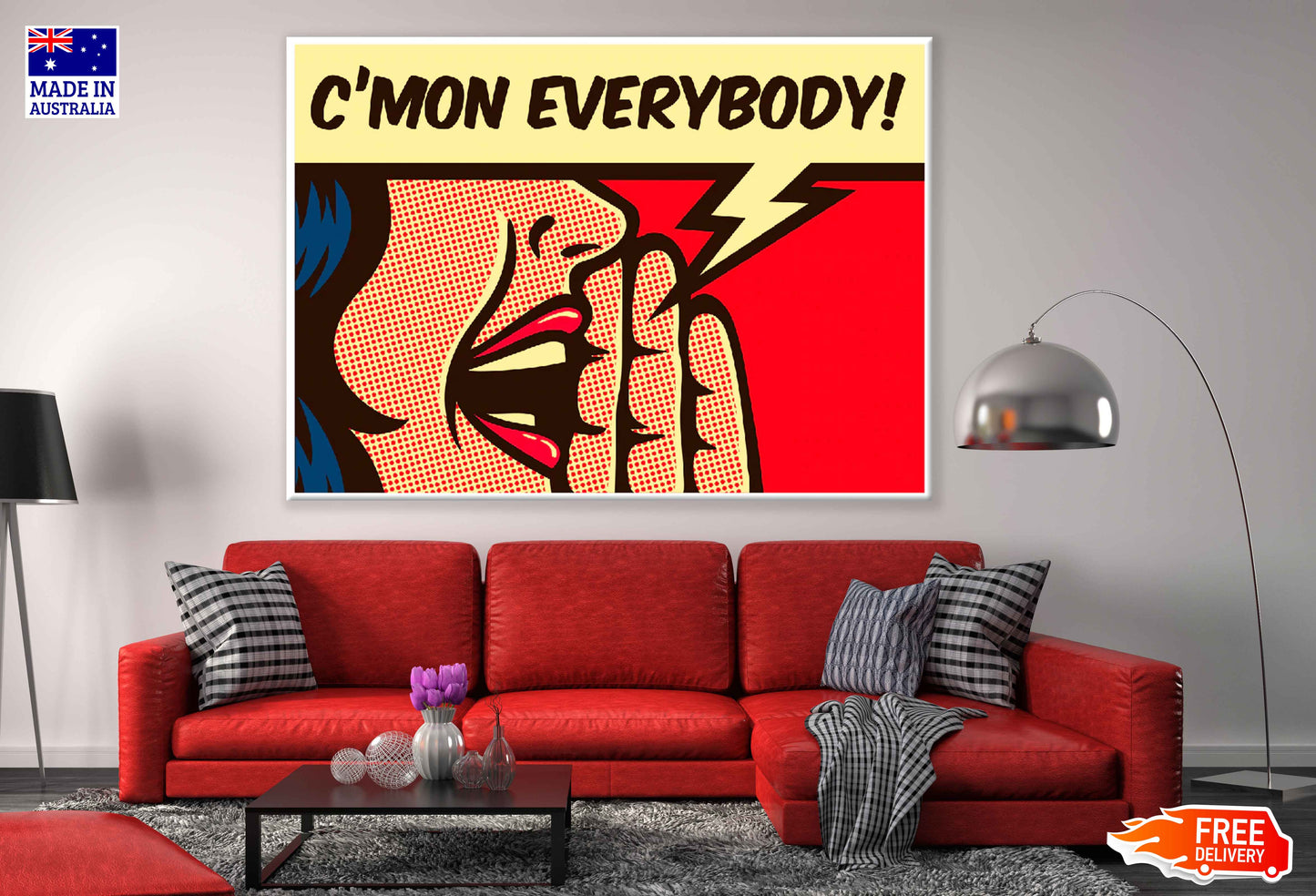 C'Mon Everybody Chat Bubble & Girl Illustration Pop Arts & Comic Poster Print 100% Australian Made Stretched Canvas Ready to Hang - 2148