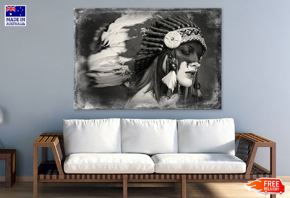 Red Indian Girl With Feather Headdress B&W Photograph Print 100% Australian Made Stretched Canvas Ready to Hang - 1948