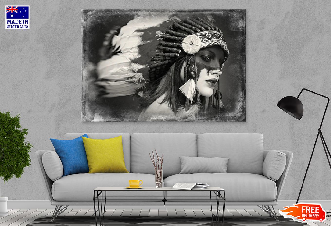 Red Indian Girl With Feather Headdress B&W Photograph Print 100% Australian Made Stretched Canvas Ready to Hang - 1948