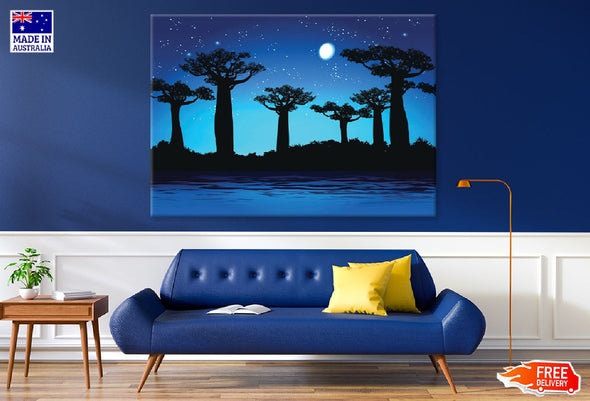 Baobab Trees at Night Vector Art Print 100% Australian Made Stretched Canvas Ready to Hang - 1746