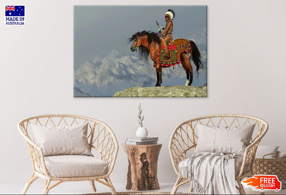 Red Indian on a Horse with Feather Headdress Photograph Print 100% Australian Made Stretched Canvas Ready to Hang - 1949