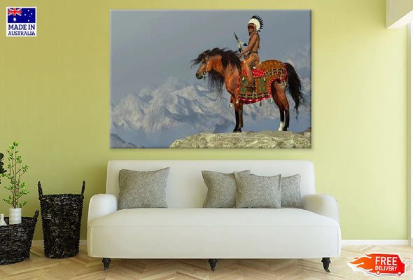 Red Indian on a Horse with Feather Headdress Photograph Print 100% Australian Made Stretched Canvas Ready to Hang - 1949