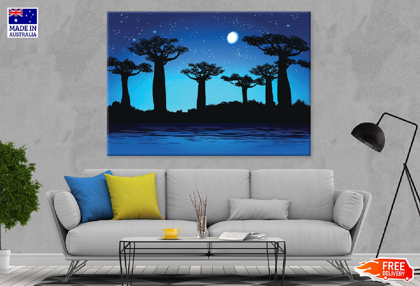 Baobab Trees at Night Vector Art Print 100% Australian Made Stretched Canvas Ready to Hang - 1746