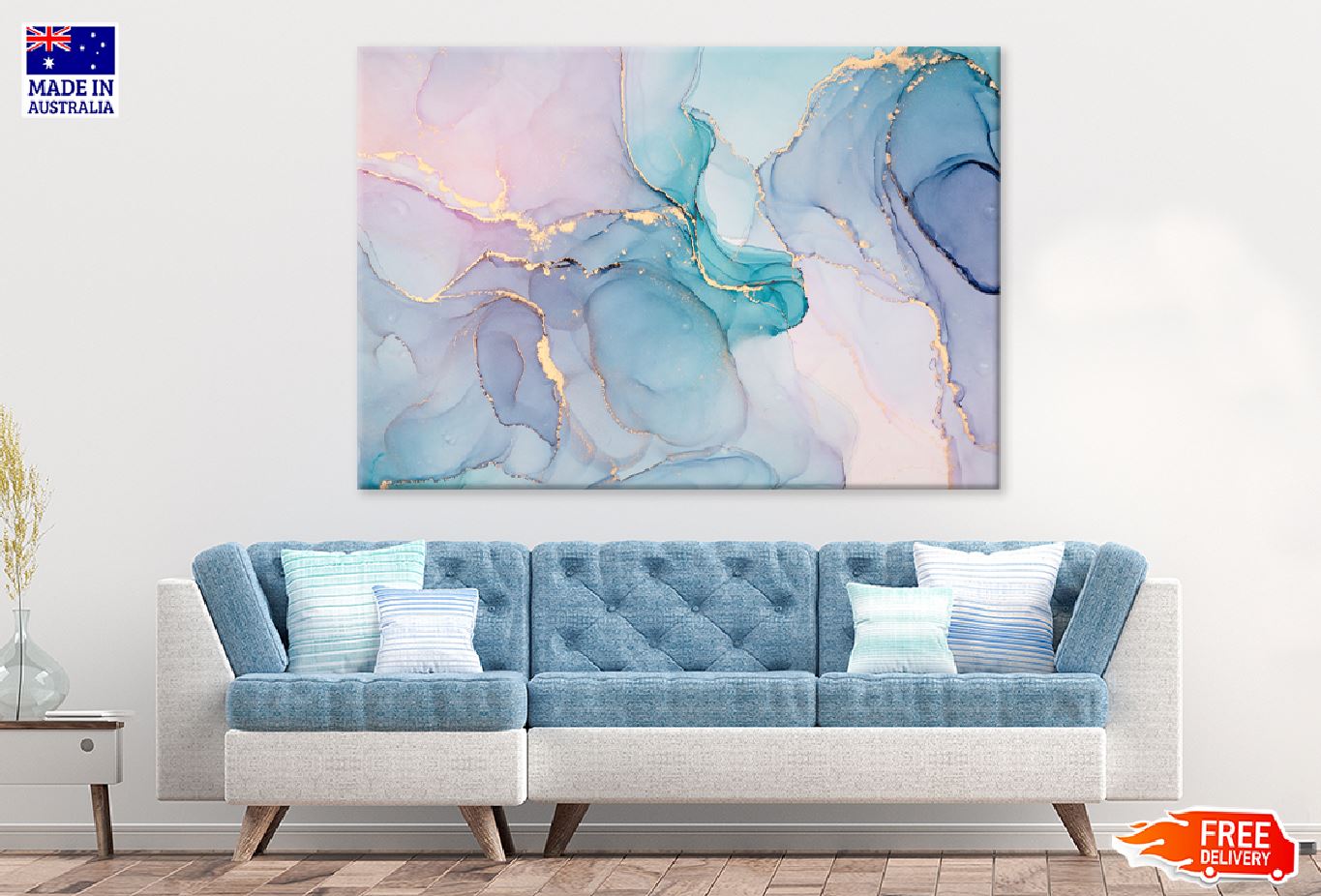 Blue Green & Pink Gold Abstract Design Print 100% Australian Made Stretched Canvas Ready to Hang - 1168