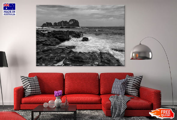 Bamboo island Rocky Seascape B&W Print 100% Australian Made Stretched Canvas Ready to Hang - 1069