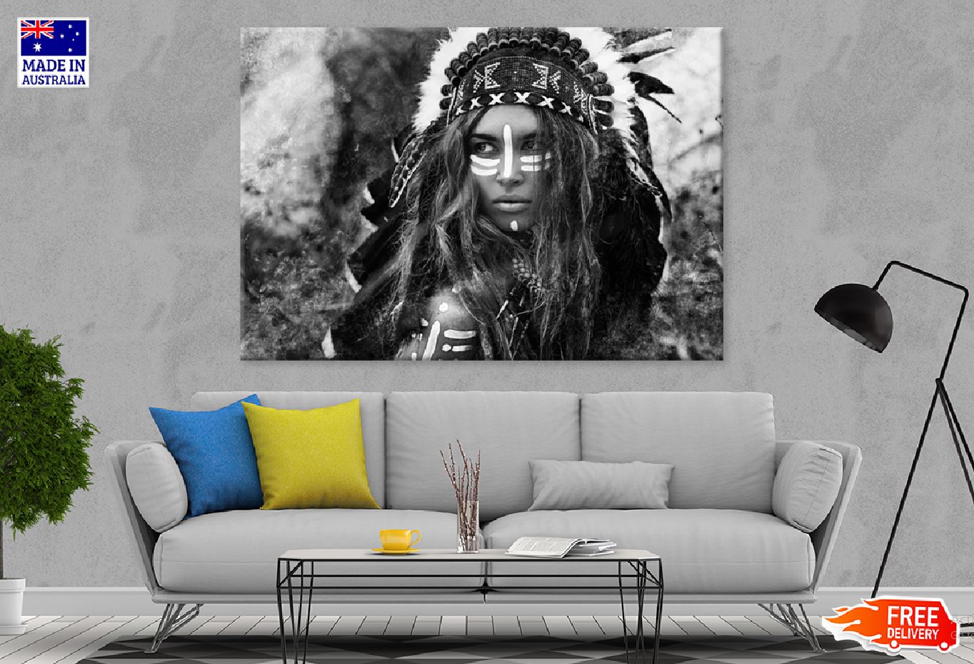 Warrior Girl with Feather Headdress B&W Photograph Print 100% Australian Made Stretched Canvas Ready to Hang - 1950