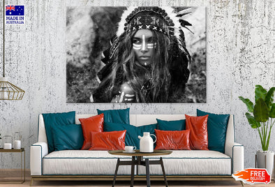 Warrior Girl with Feather Headdress B&W Photograph Print 100% Australian Made Stretched Canvas Ready to Hang - 1950