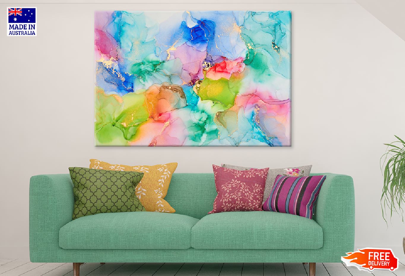 Pink Blue & Green Gold Abstract Design Print 100% Australian Made Stretched Canvas Ready to Hang - 1169