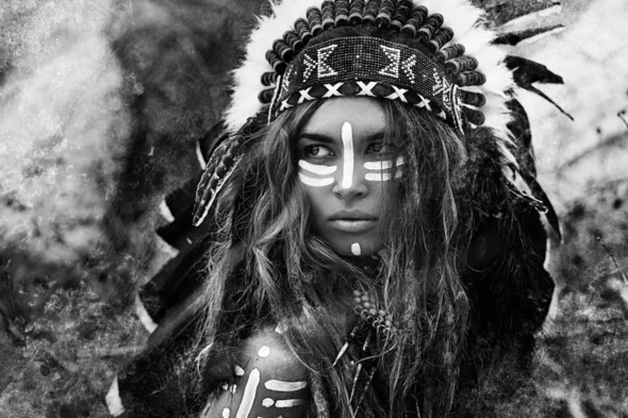 Warrior Girl with Feather Headdress B&W Photograph Print 100% Australian Made Stretched Canvas Ready to Hang - 1950