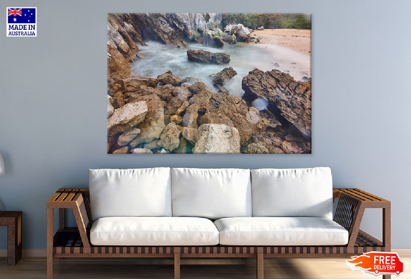 Sand & Rocky Beach View Asturias Print 100% Australian Made Stretched Canvas Ready to Hang - 1070