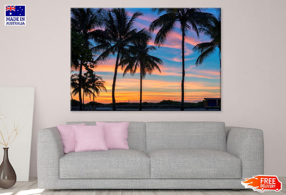 Miami Beach Palm Tree Sunset View Print 100% Australian Made Stretched Canvas Ready to Hang - 1418