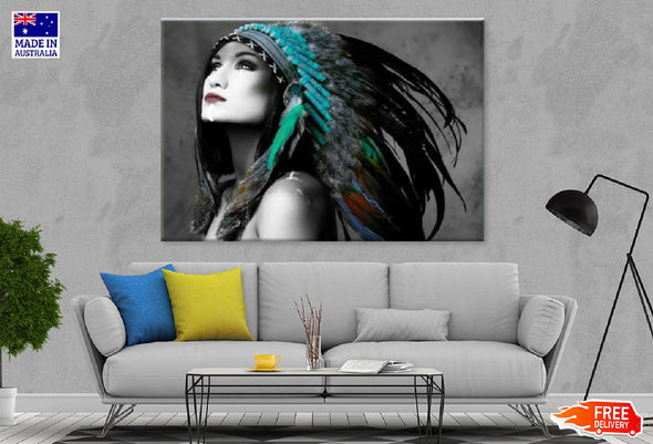 Girl with Blue Feather Headdress B&W View Print 100% Australian Made Stretched Canvas Ready to Hang - 1951